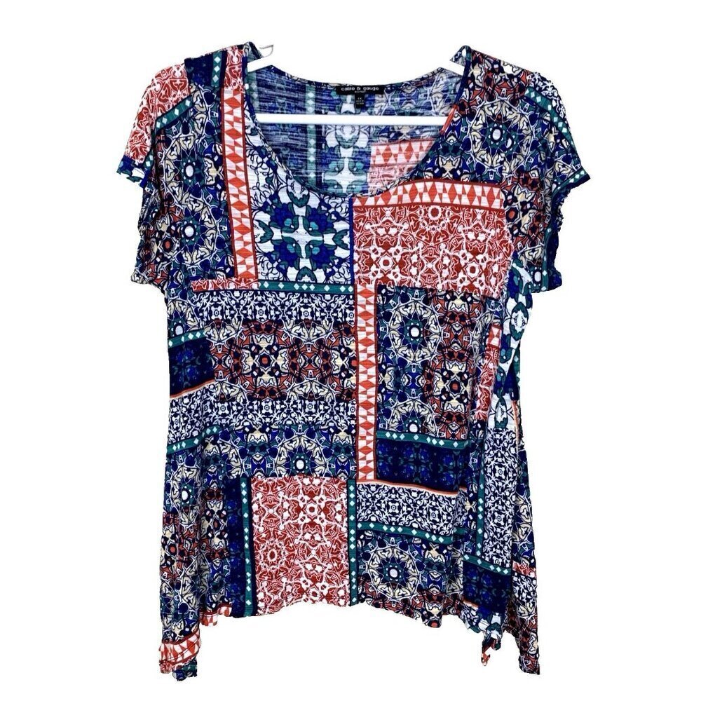 Cable & Gauge Womens 1X Short Sleeve Blouse Viscose Lightweight Boho Patchwork